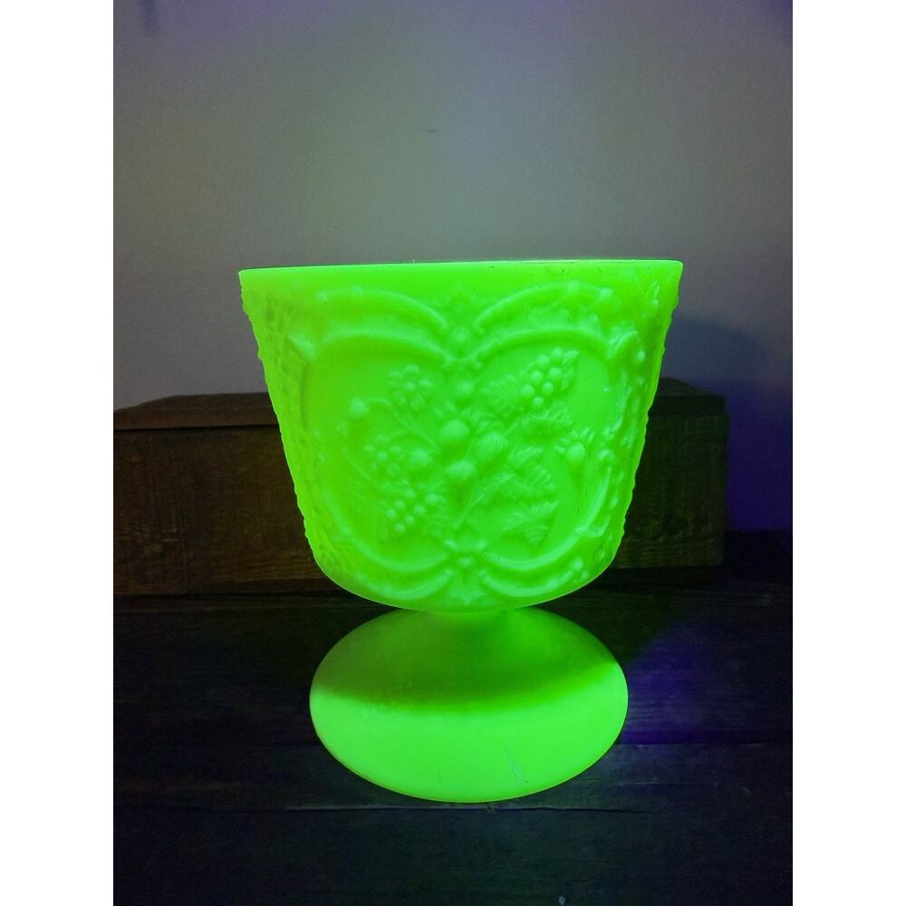 Vintage Fenton Lime Green Custard Glass Wild Strawberry Compote- UV Glows